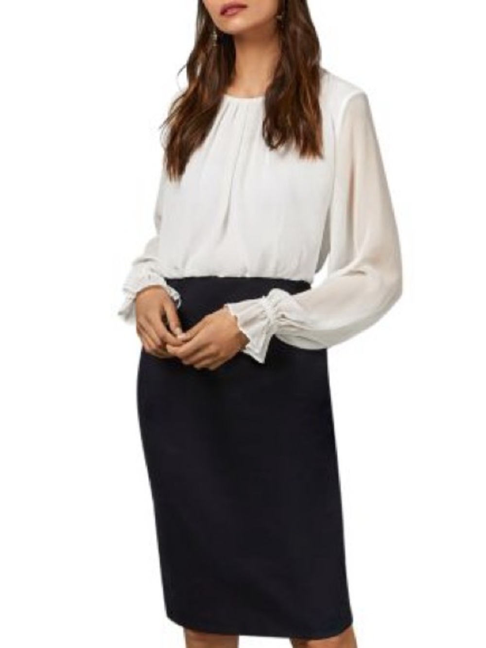 Ted Baker London Lizzata Chic Two-Tone White Blouse & Blue Pencil Dress